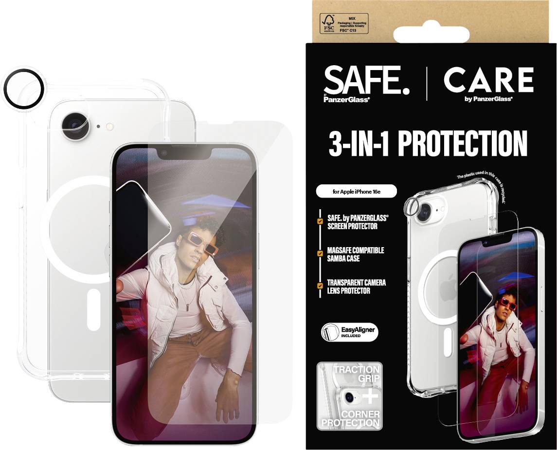 '3-in-1 Protective Set for iPhone 14 with SAFE. | CARE by PanzerGlass, including Tempered Glass Screen Protector, MagSafe Case and Camera Lens Protection.'