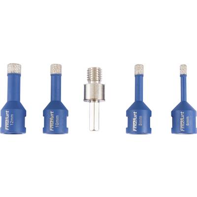 'Image of four blue diamond-tipped drill bits with different sizes (6mm, 8mm, 10mm, 12mm) and one threaded adapter for drill attachment.'
