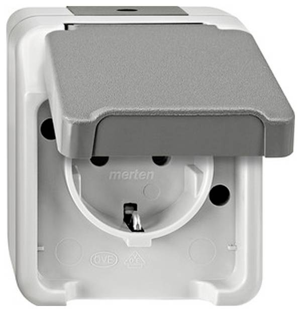 Outdoor socket with grey cover, suitable for damp environments, marked with brand name and protection class.