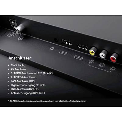 'Connections' shows CI+ slot, AV connection, 3 HDMI connections, 2 USB 2.0, LAN connection, Toslink, LNB connection, DVB-T2/C.