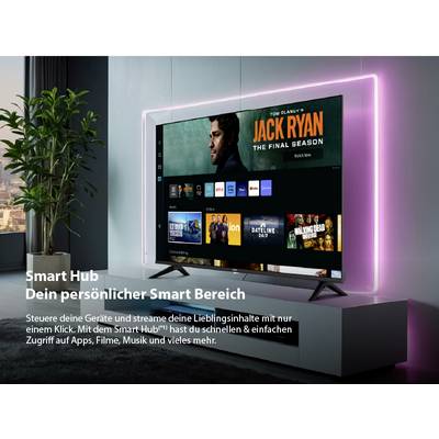 A television displays an interface with streaming apps and the display 'Jack Ryan, The Final Season'. Text below: 'Smart Hub, Your Personal Smart Area'.
