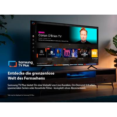 Samsung TV Plus on a table. The screen displays 'Conan O'Brien TV' and other channels. The text highlights the diversity of television content.