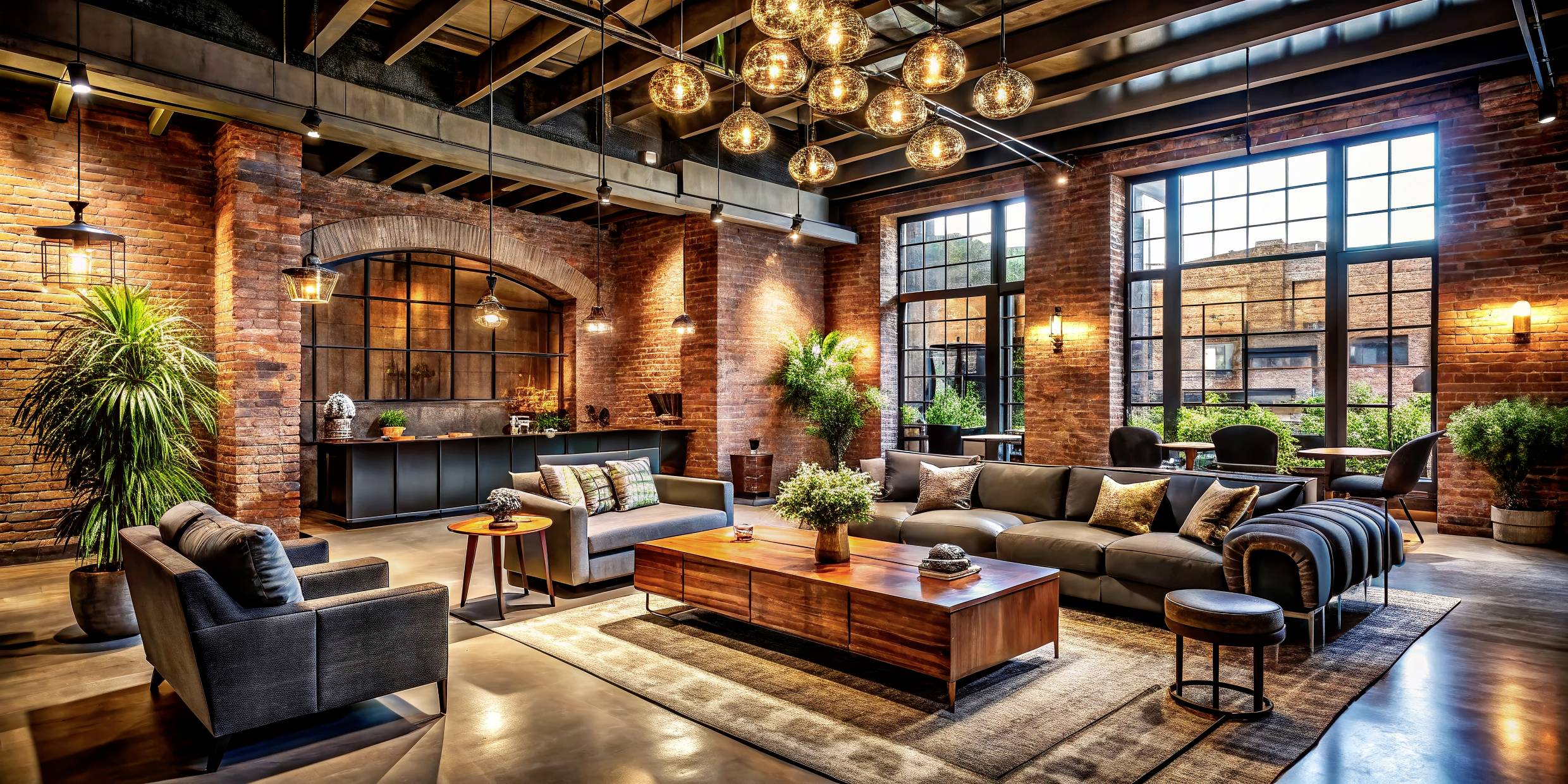 A spacious industrial-style living room with exposed brick walls, large windows, modern furniture, and hanging pendant lights.