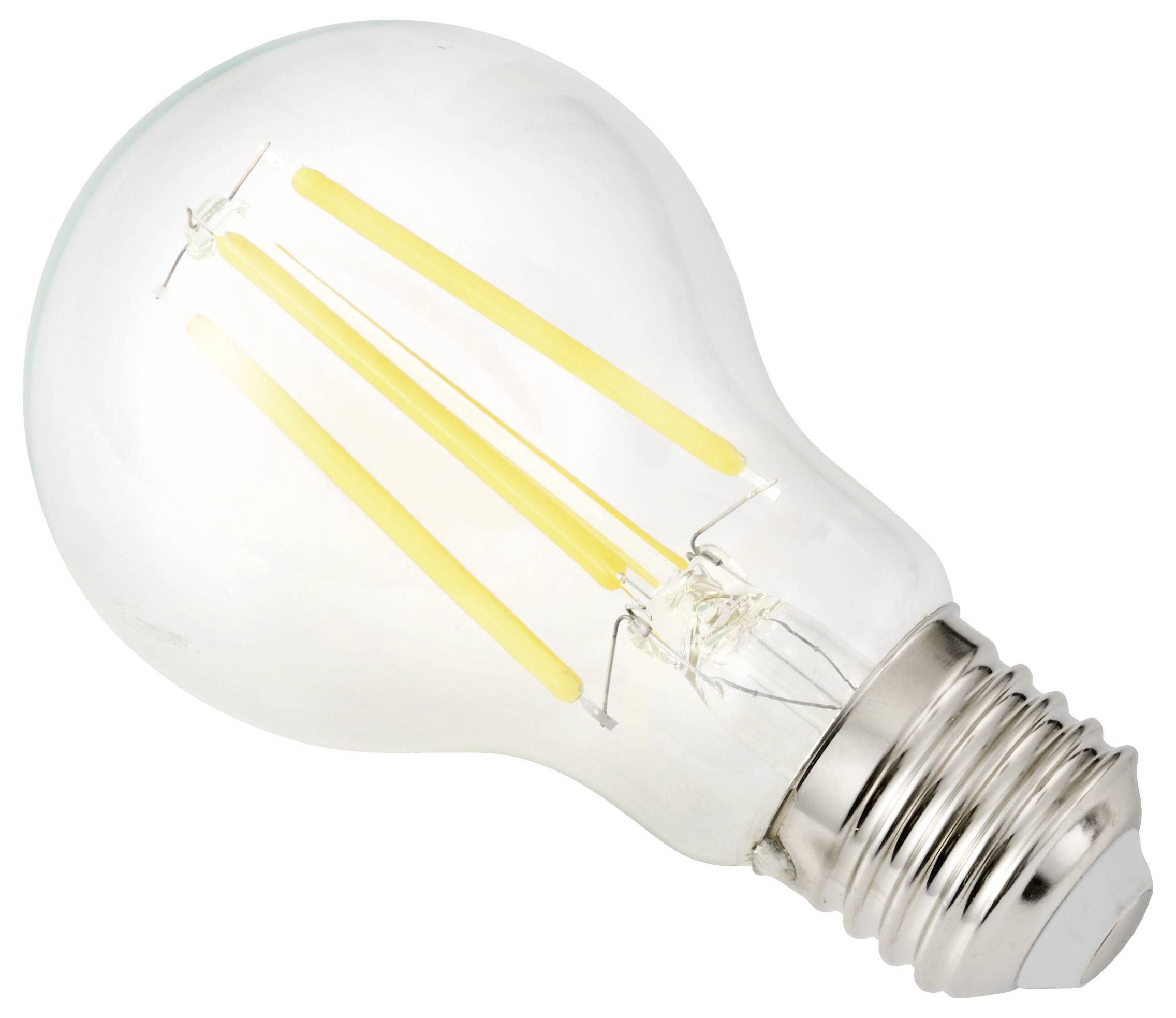 A clear LED light bulb with visible yellow filaments and a silver base, resembling a traditional incandescent bulb.