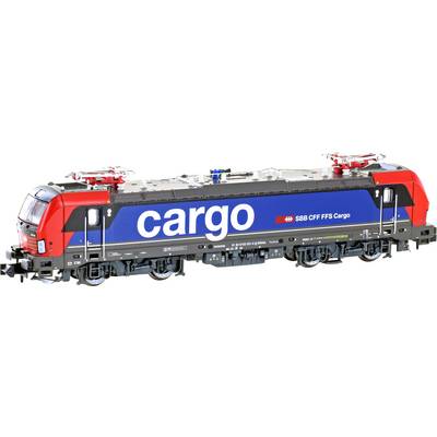 A freight train locomotive model of the Swiss SBB CFF FFS with the inscription 'cargo' in blue on the side.