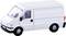 A small, white model transporter with black wheels. The vehicle is shown from the side and displays details such as door handles and taillights.