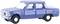 Blue model car in the shape of a classic four-door vehicle, seen from the side. The car has white tires.