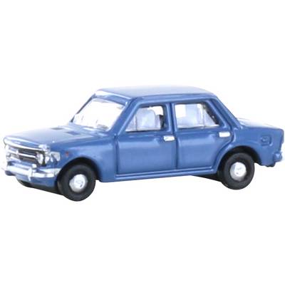 A blue toy car in classic sedan design with four doors, standing on a white surface.