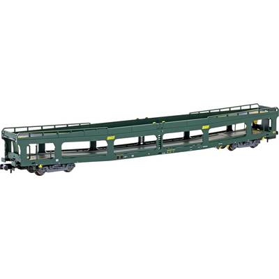 A green railway car for automobile transport with two levels, unloaded without vehicles, stands on tracks.