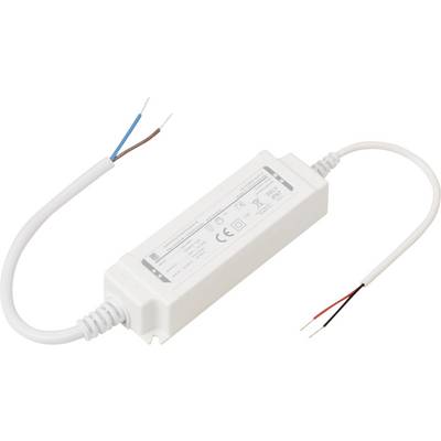 A white LED power supply with input and output wires, featuring printed specifications on the casing.