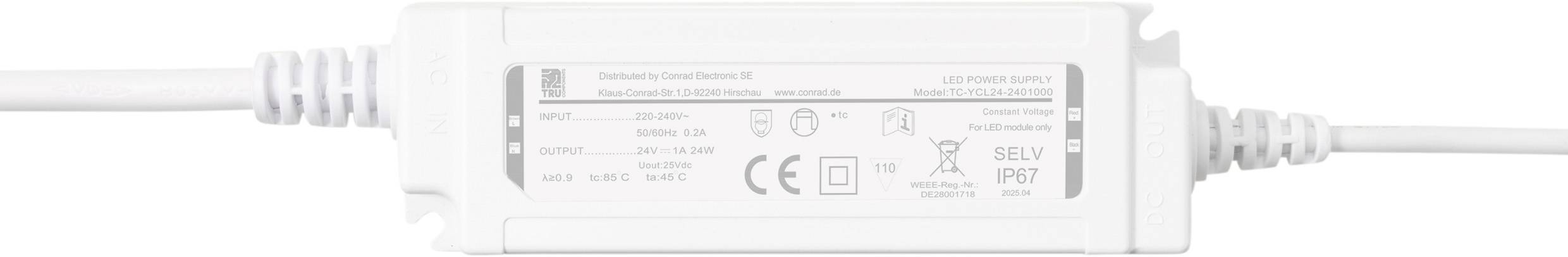 A white LED driver with technical specifications and safety symbols is shown, including input and output details, CE marking, and recycling instructions.