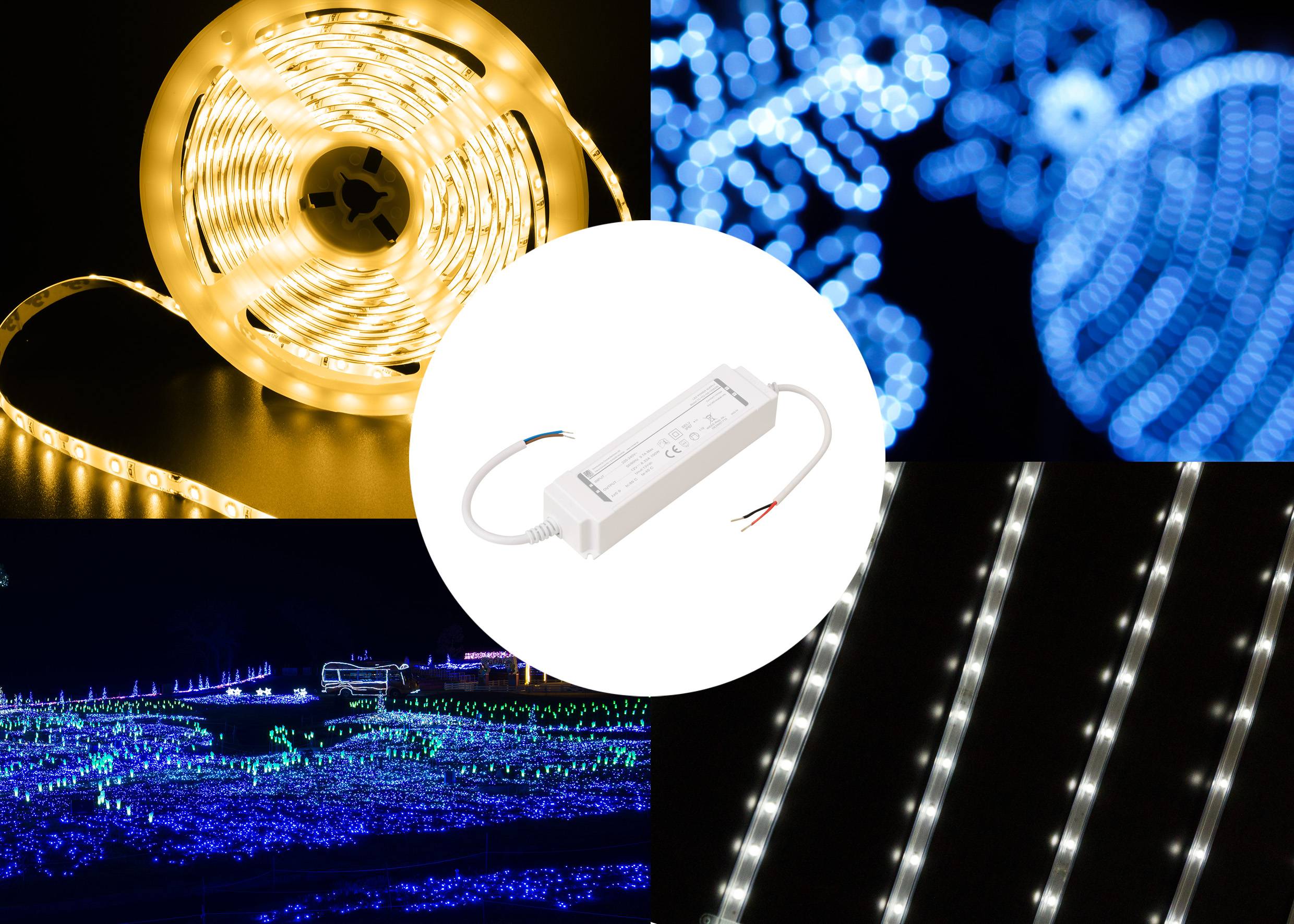 'Various LED lights in different colors and shapes, including strip and decorative lights, surrounding a central electrical component.'