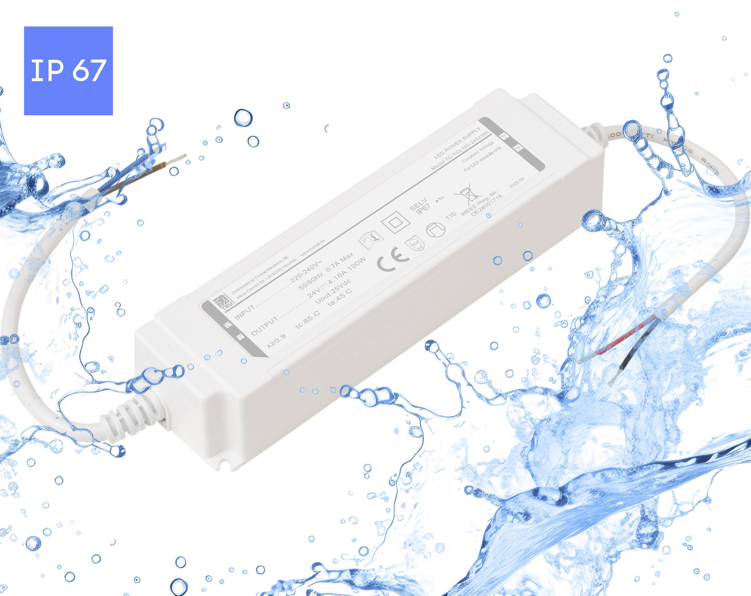 A white, rectangular electronic device labeled 'IP67' for water resistance is surrounded by splashing water, indicating its durability.