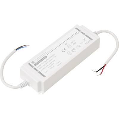 A white rectangular LED power supply unit with input and output wires exposed at each end, displaying various electrical specifications.