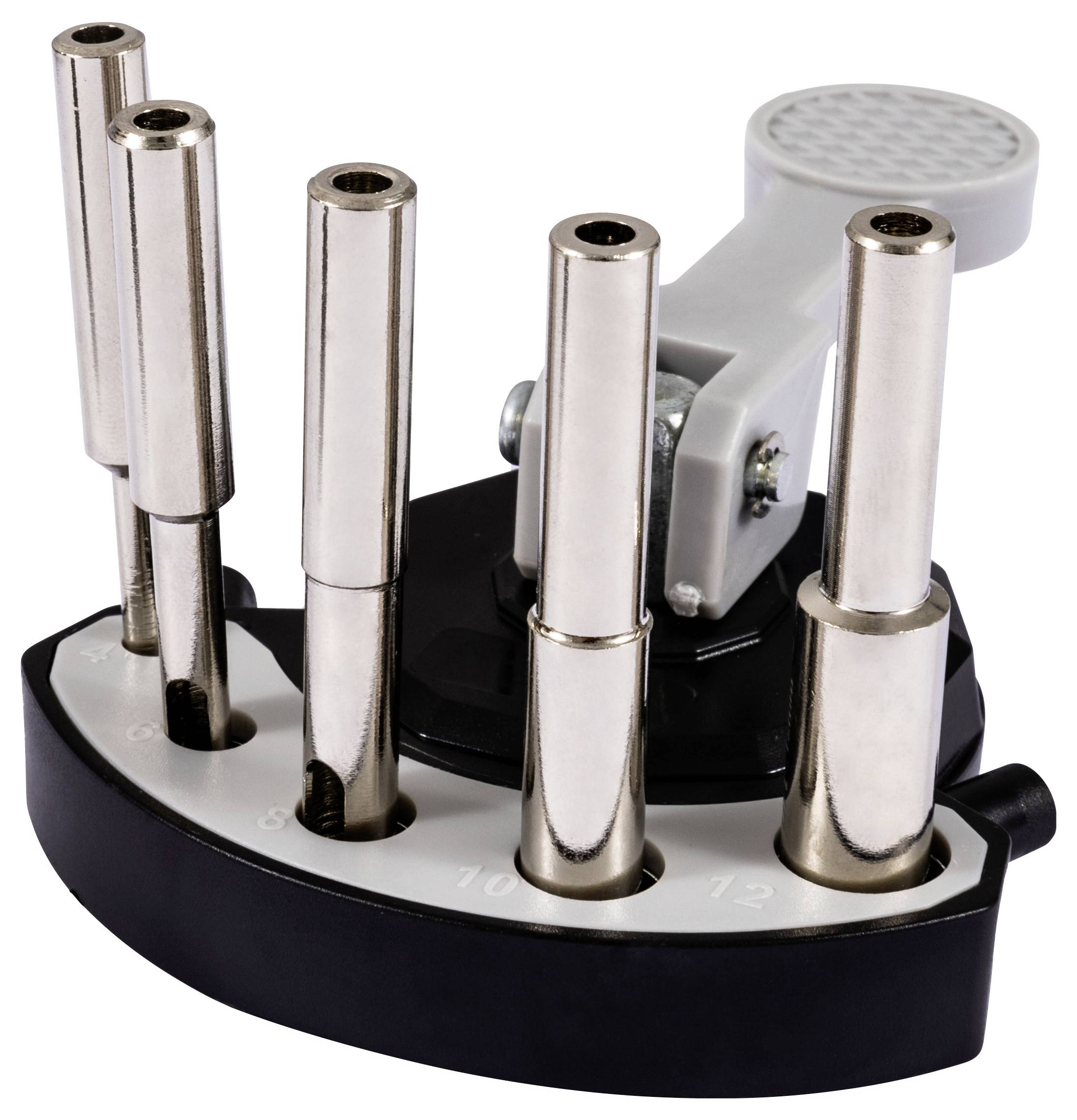 'Golf Club Selection' key holder with six silver pegs resembling golf clubs and a white golf ball-like handle, mounted on a black base.