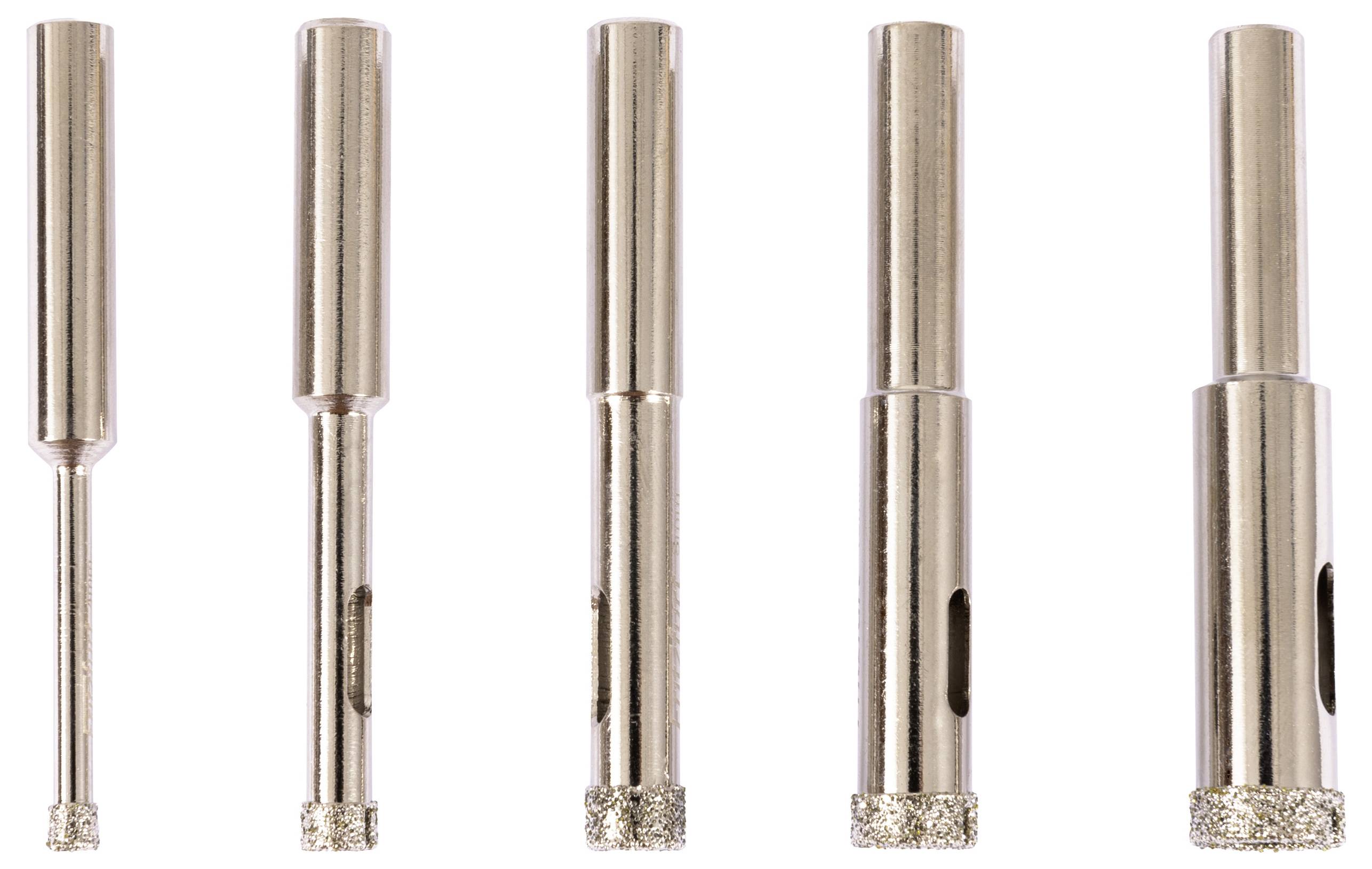 Five silver cylindrical drill bits of varying diameters, each with a textured tip, aligned vertically against a plain background.