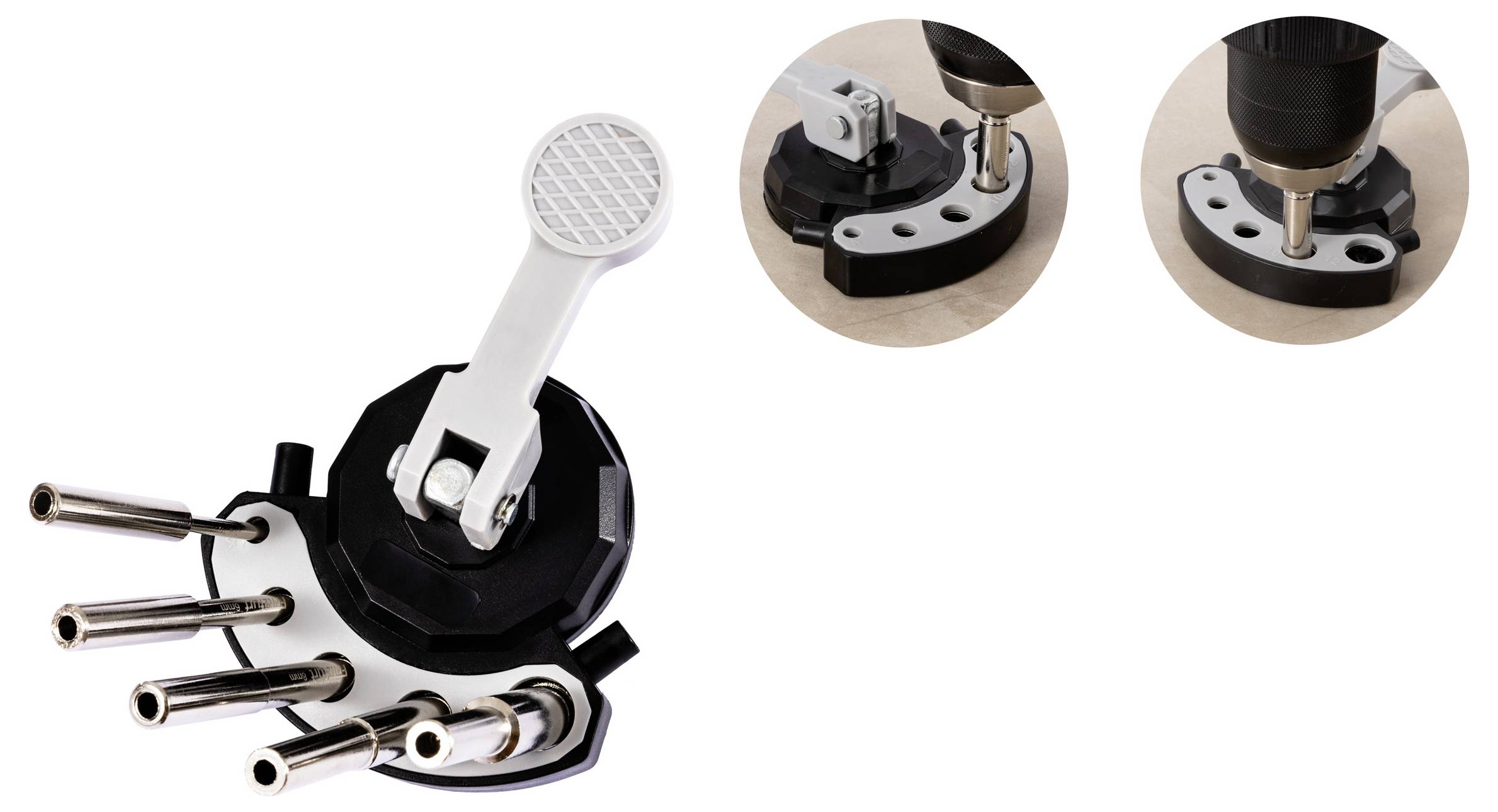 'A multi-hole saw guide with four metal tubes and a handle, showing use with a drill in close-up images on the top right.'