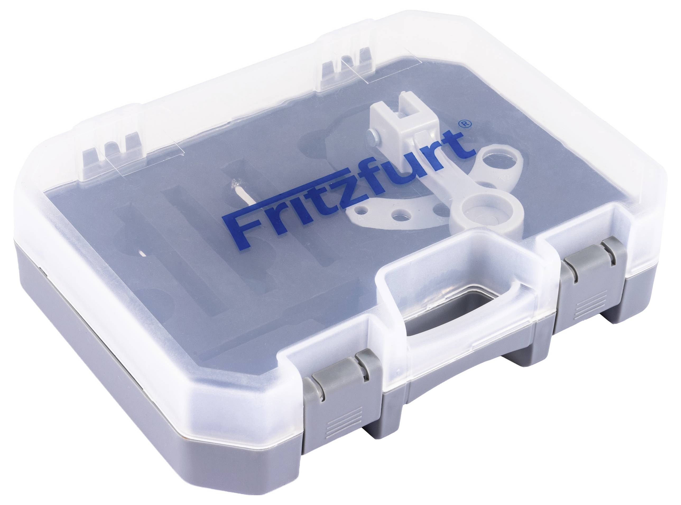 A transparent plastic toolbox with 'Fritzfurt' printed on the lid, containing various shaped plastic tools organized inside.