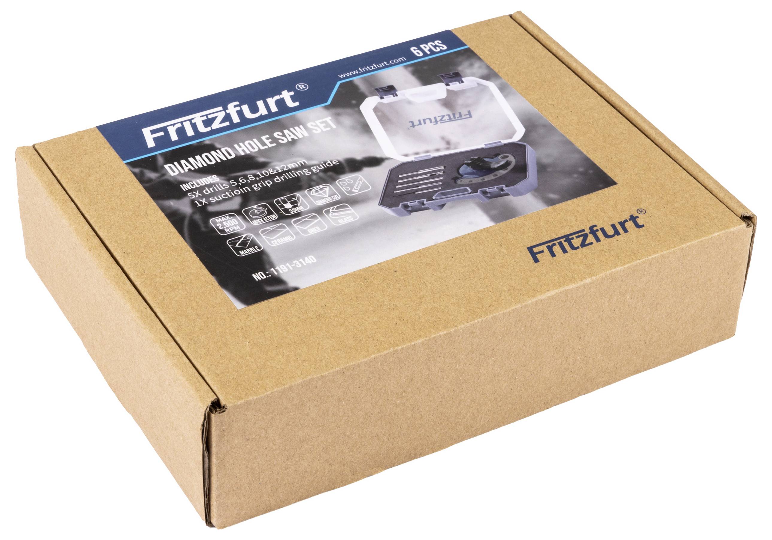 A cardboard box with 'Fritzfurt' branding contains a diamond hole saw set, 8 pieces, for drilling materials like tile and glass.