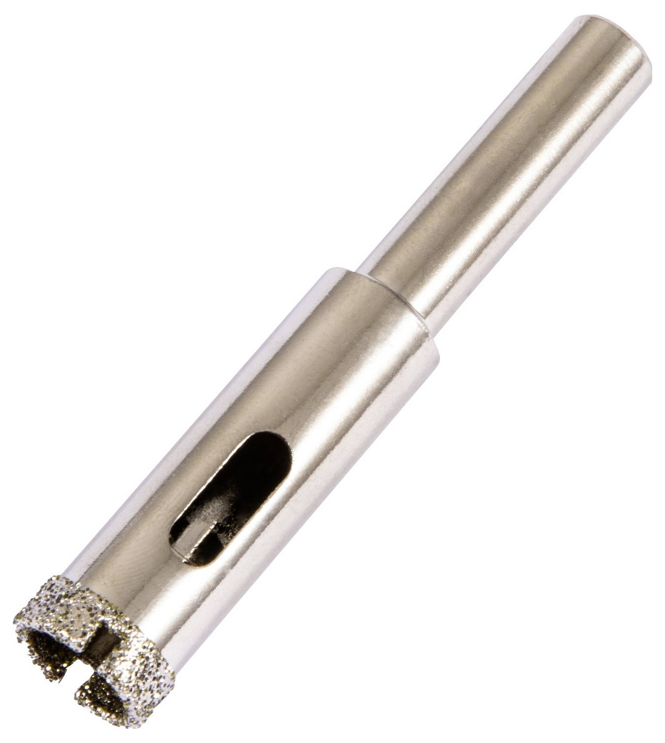 Diamond-coated drill bit, cylindrical with a hollow tip and slots, used for drilling precise holes in hard materials like tile or glass.