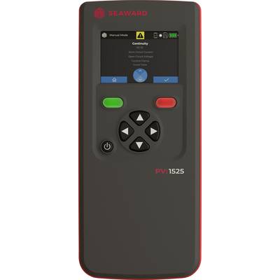 A portable testing device with a display and control buttons. Displays 'Continuity' on the screen. Brand 'SEAWARD', Model 'PV:1525'.