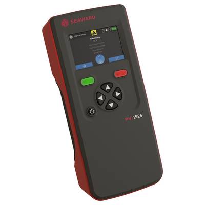 Handheld device with display and buttons, showing test status 'Test passed' with green tick. Marked with 'SEAWARD' and model 'PV1500'.
