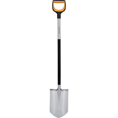 A spade with a black handle and silver blade, suitable for garden work.