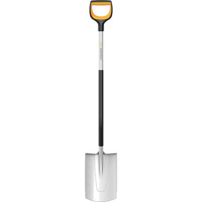 Image of a modern spade with a D-shaped handle and silver blade, suitable for garden work.