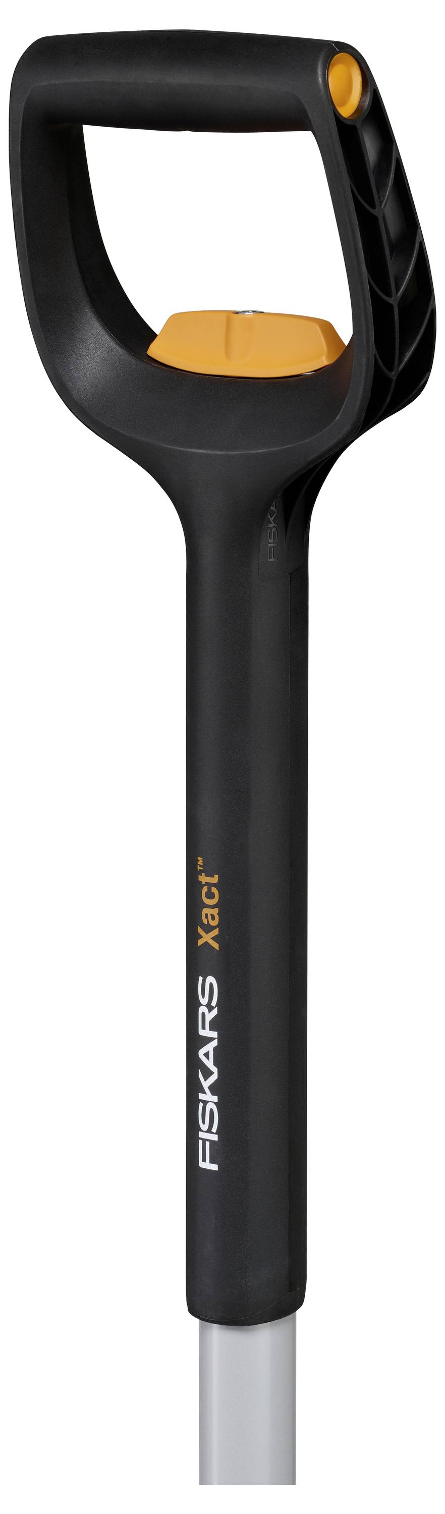Handle of a Fiskars Xact garden tool, black with orange detail and brand print.