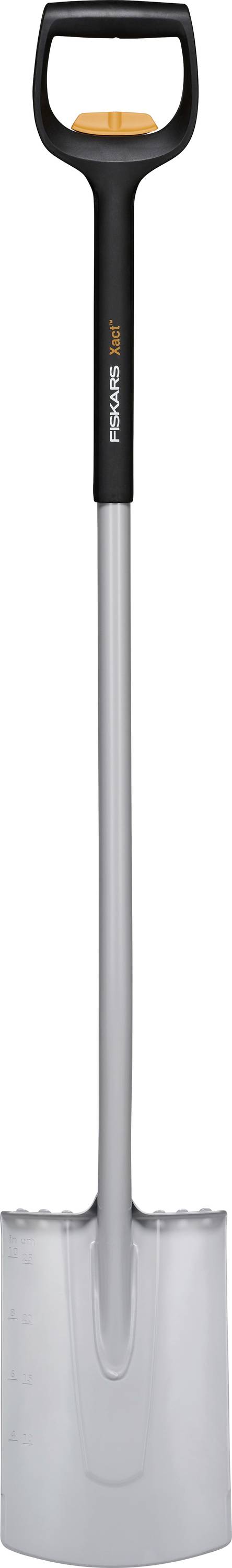 A grey shovel with a black handle, suitable for gardening work.