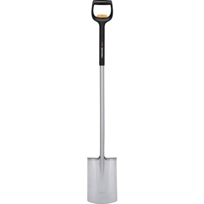 A grey shovel with a black handle, suitable for gardening work.