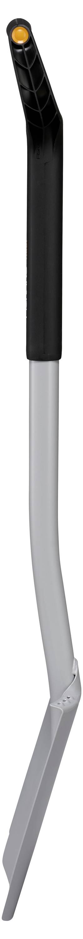 A silver garden tool with a black handle and orange accent, in a slight L-shape. Perfect for weeding.
