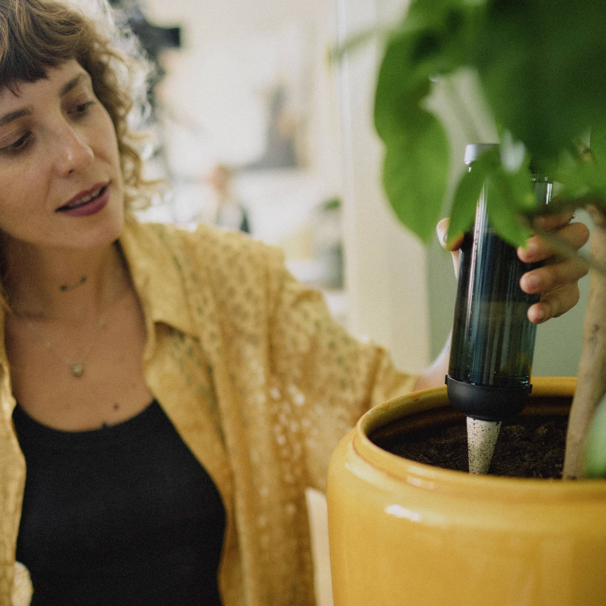 A person is watering a plant in a yellow pot with a green watering device in a brightly lit room.