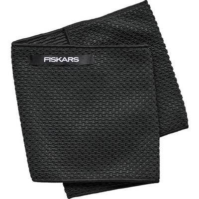 A black, textured tea towel with a 'Fiskars' label at the top.