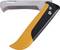 A folding garden knife with a curved stainless steel blade and orange handle, useful for gardening tasks and harvesting.