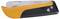 An orange and black Fiskars folding knife made of stainless steel, closed, with silver fittings and a safety button.
