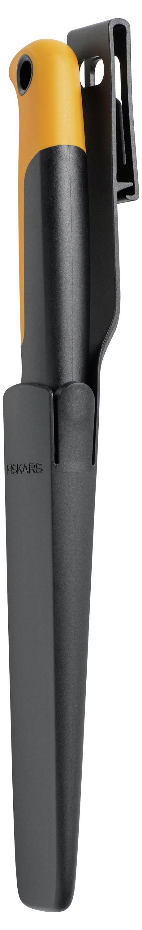 A black Fiskars sharpening steel with an orange handle, suitable for sharpening knives in the kitchen.