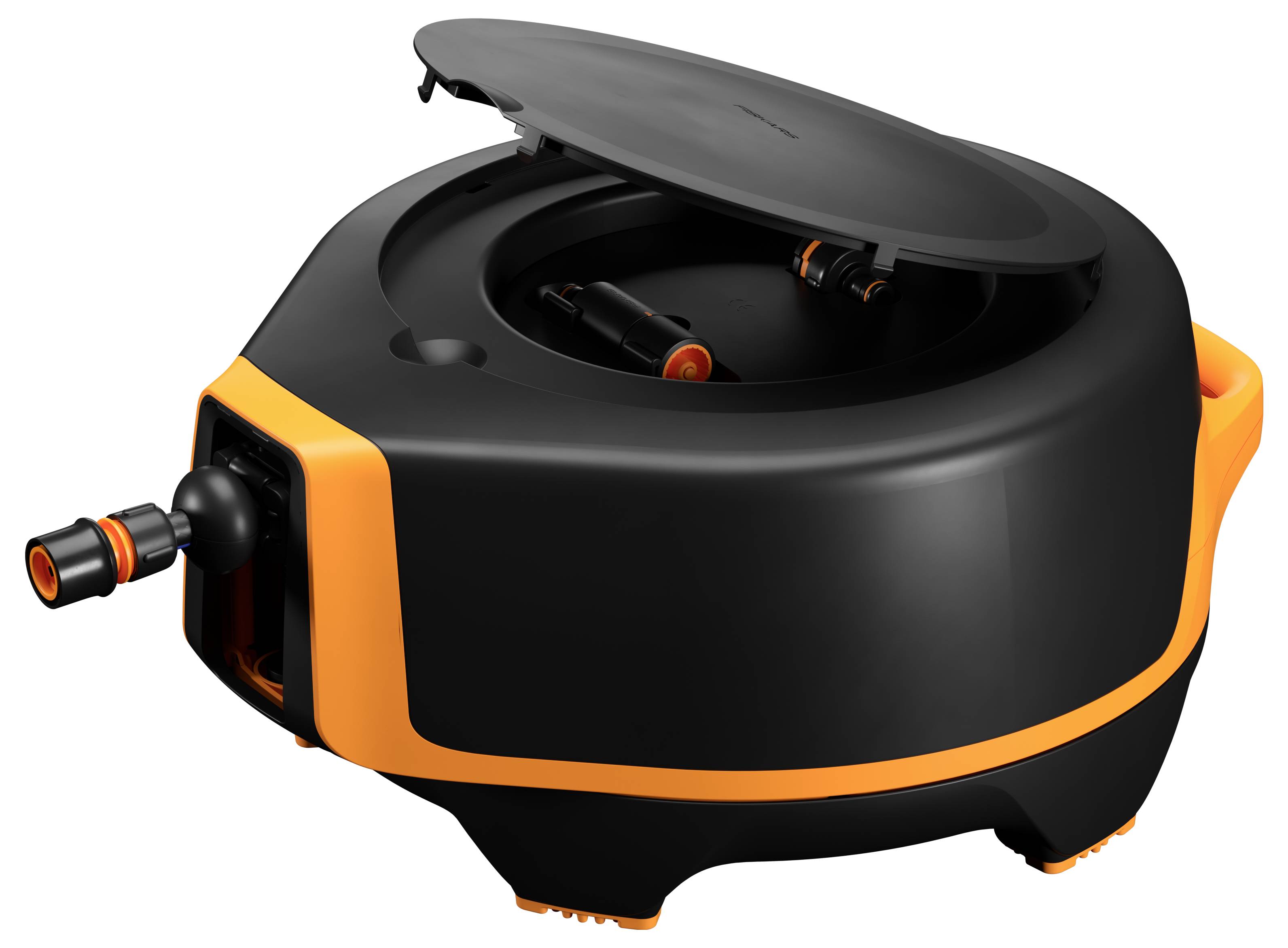 A round, black and orange garden hose reel with an open lid, revealing the hose connector.