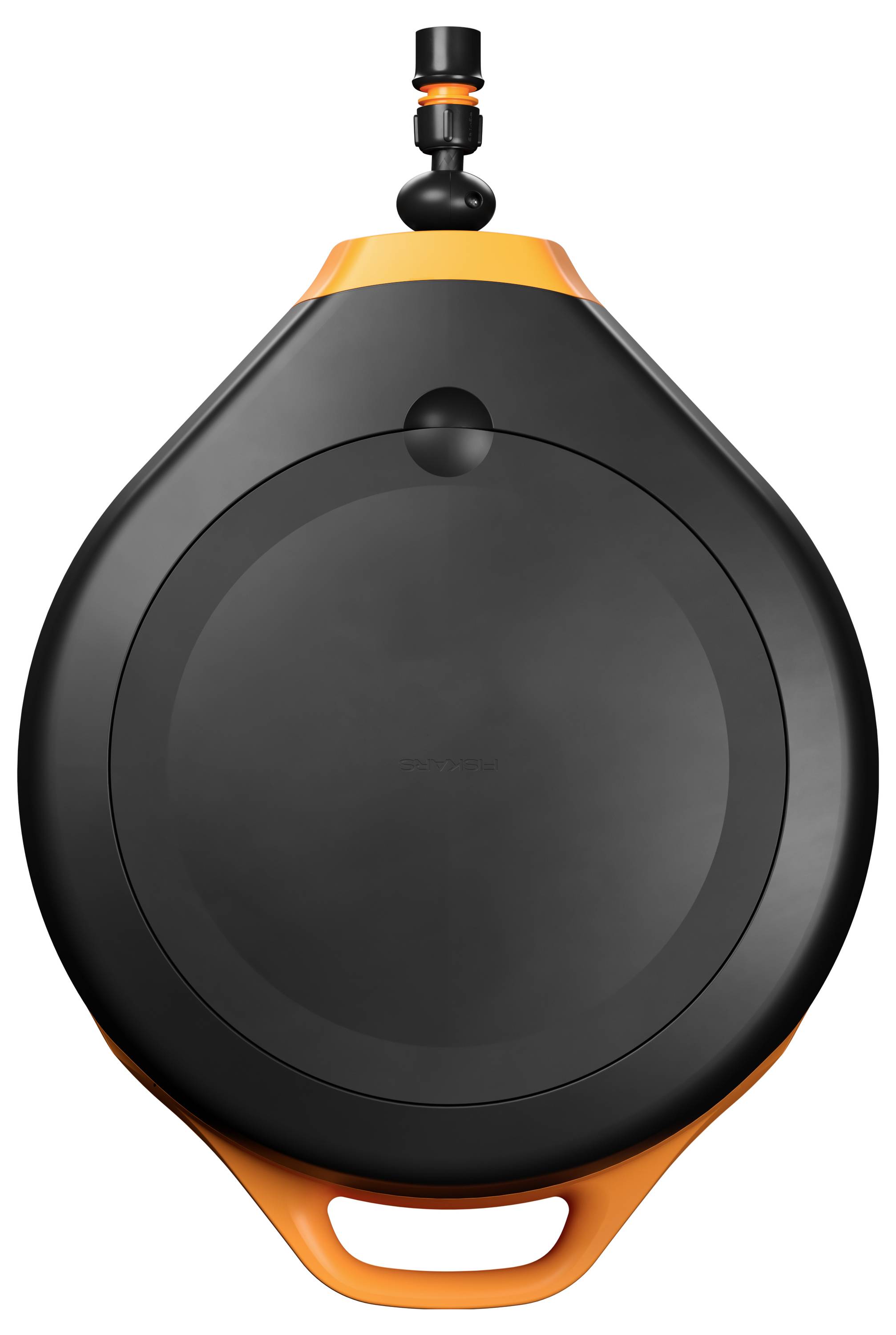 A round, black garden hose reel with an orange handle and connector. Ideal for space-saving, tidy storage.