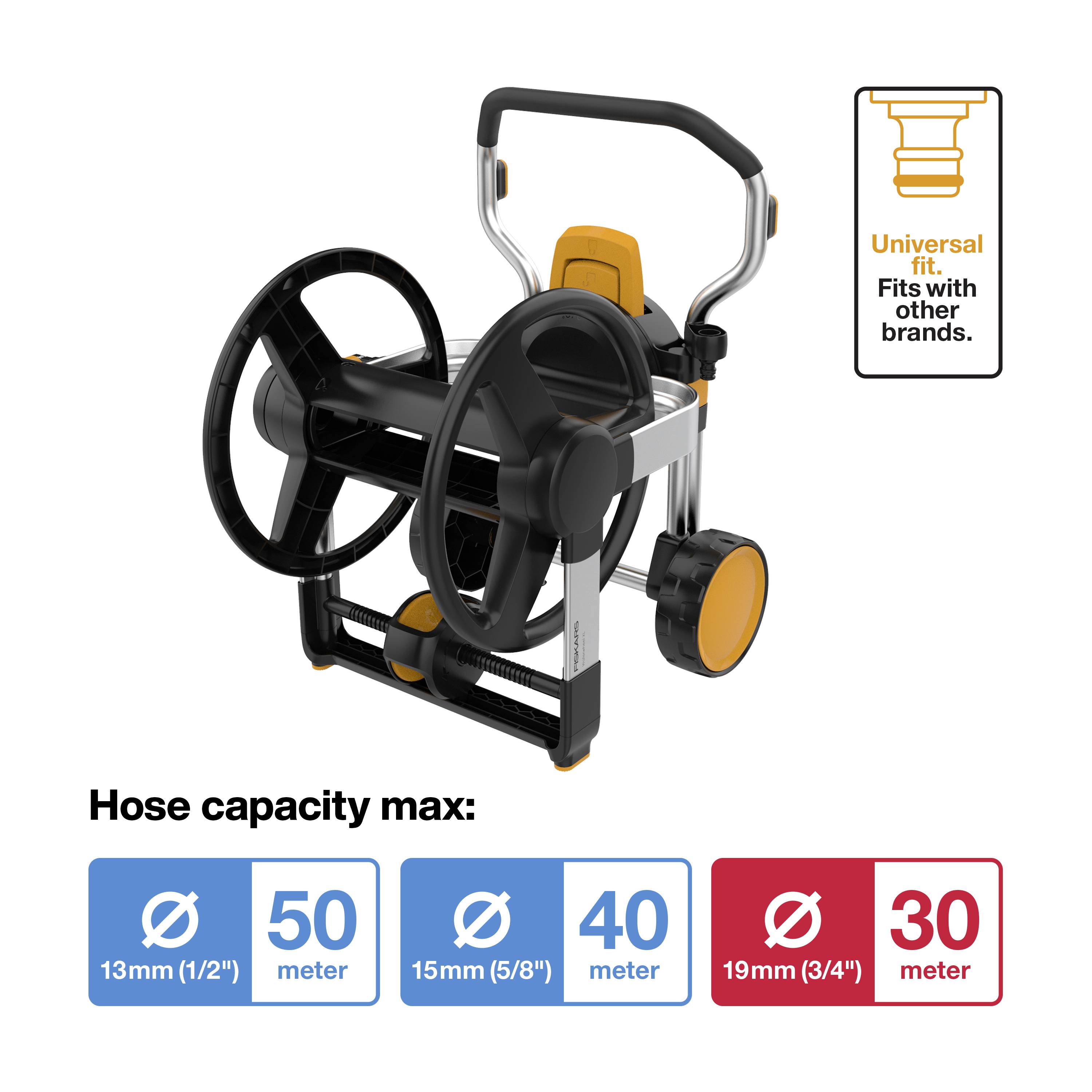 A hose trolley with wheels, suitable for hoses: 13mm (50m), 15mm (40m), 19mm (30m). Universal fit for other brands.