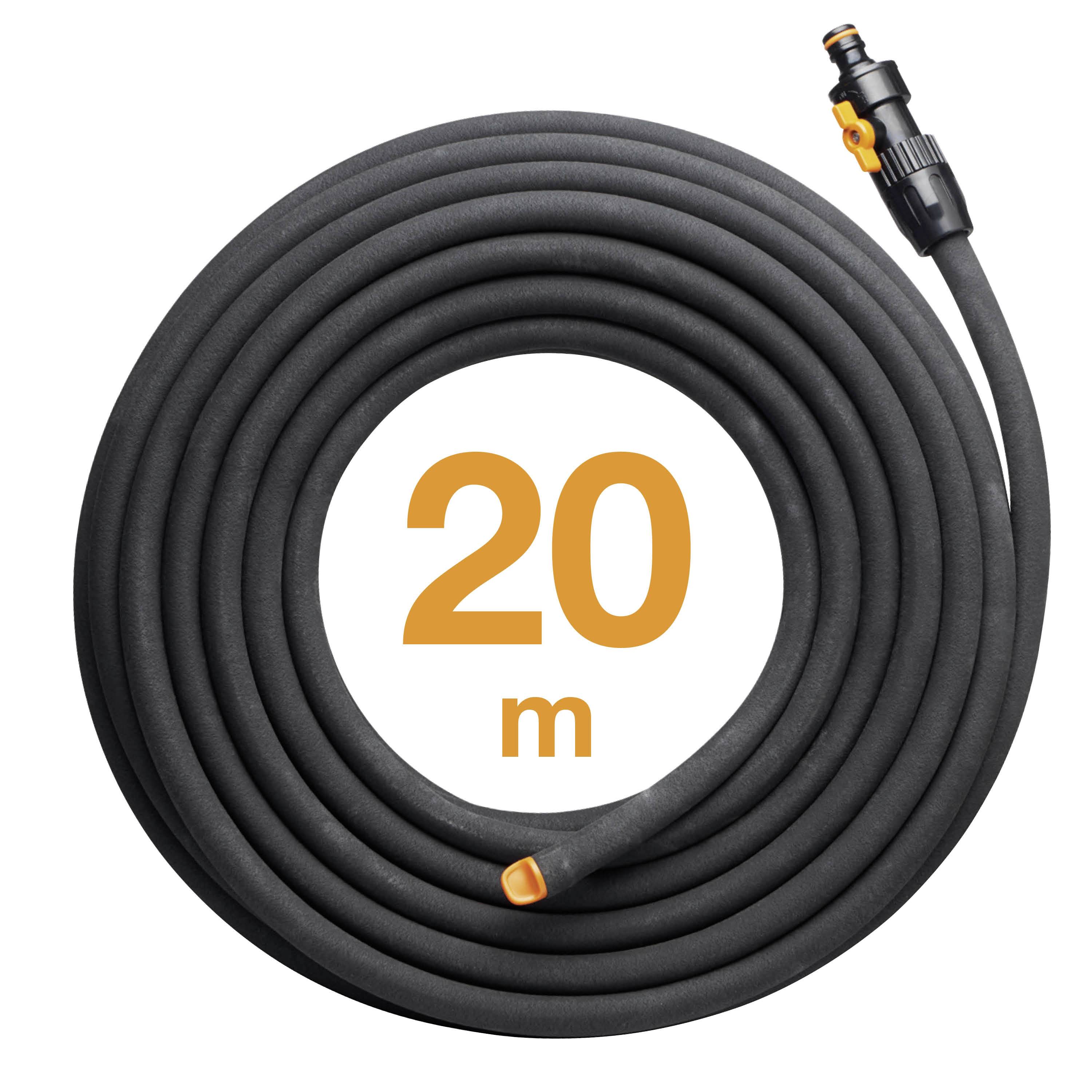 Garden hose, 20 metres long, coiled with connectors, on white background.