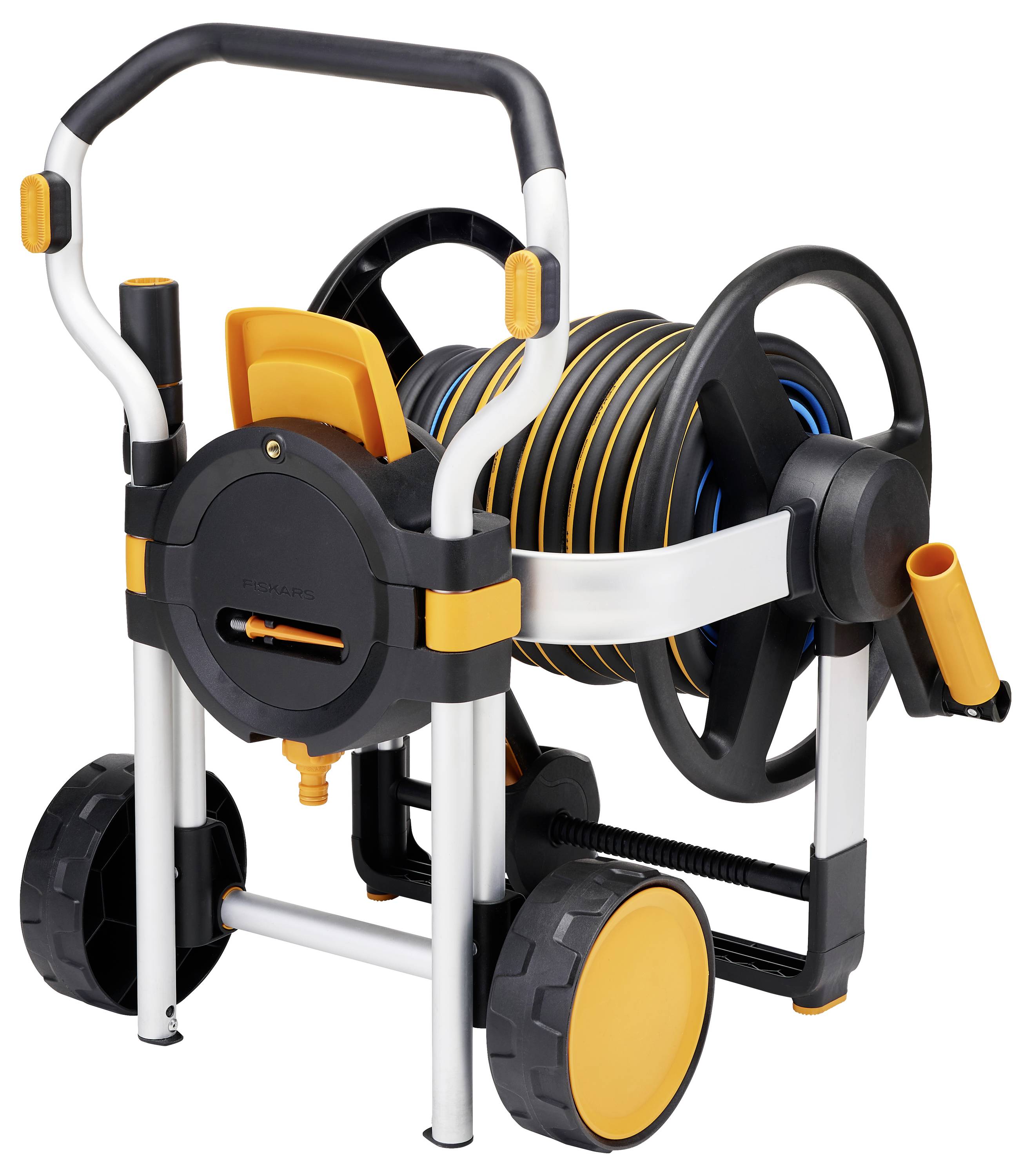 Hose cart with wheels, orange and black, with handle and crank. Ideal for mobile storage and transport of garden hoses.