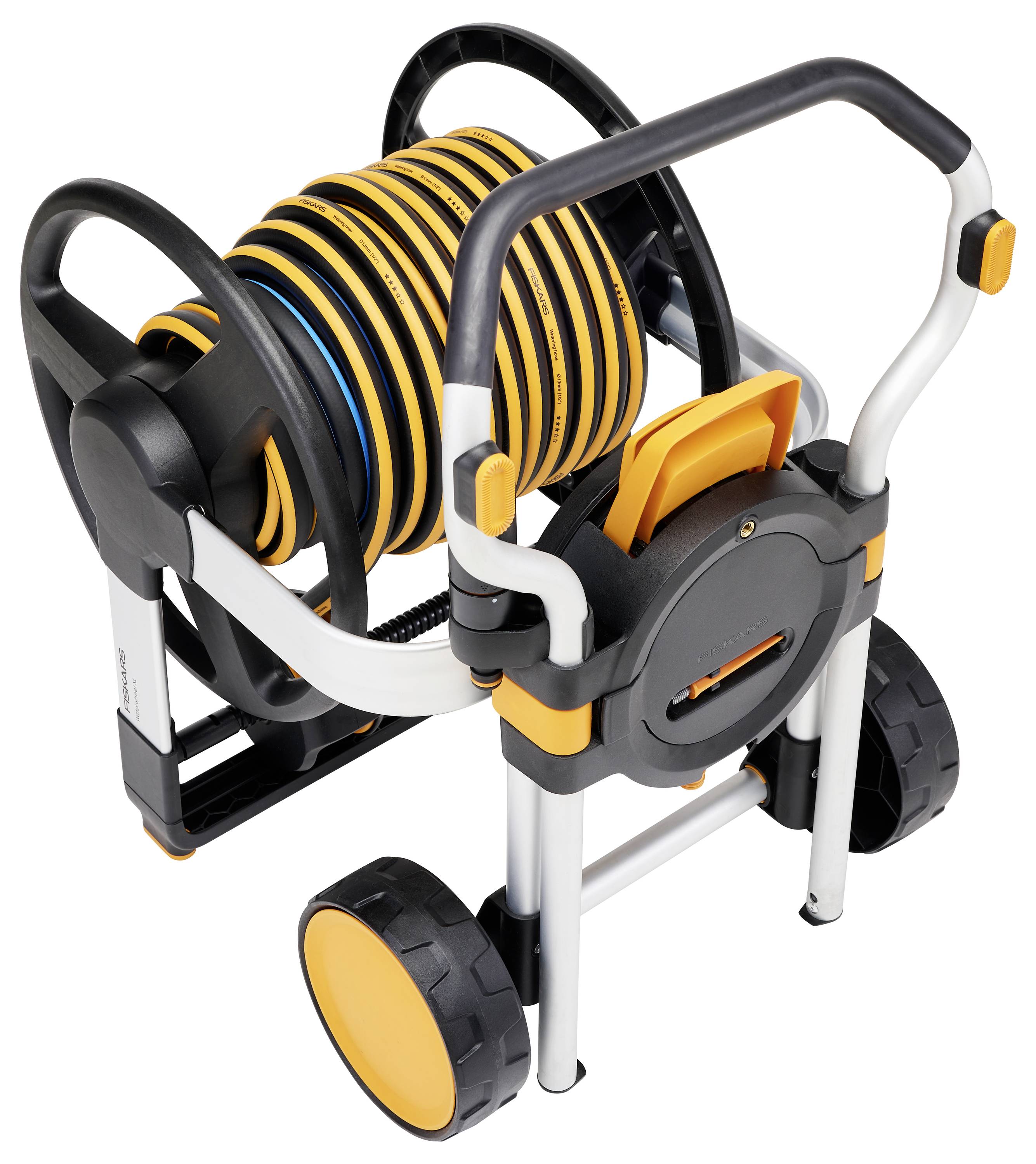 A garden hose reel cart with coiled yellow-black hose, sturdy handle and wheels, ideal for easy mobility and storage.