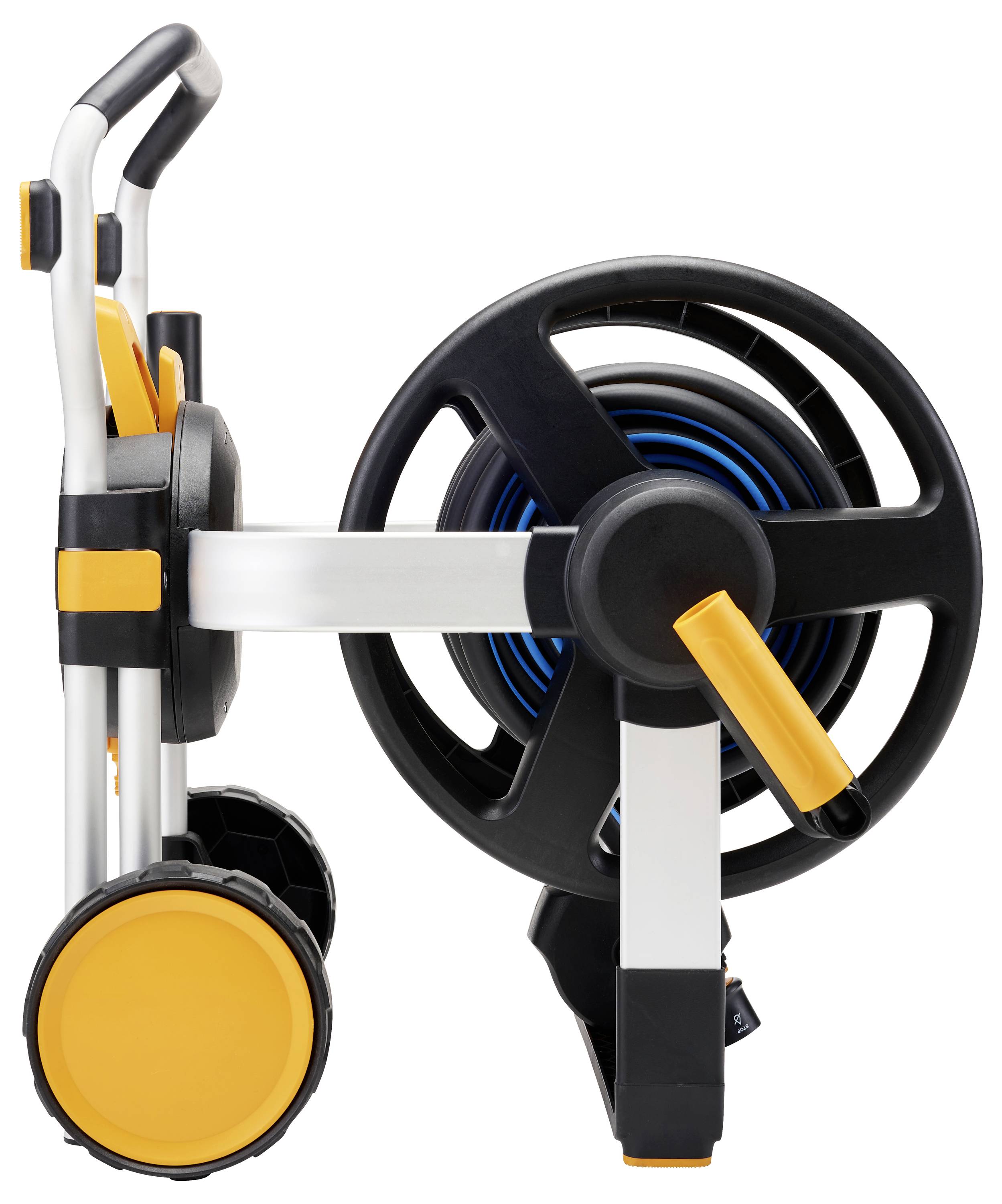 A garden hose cart with a large wheel and extendable handle, ideal for transporting and storing a coiled hose.