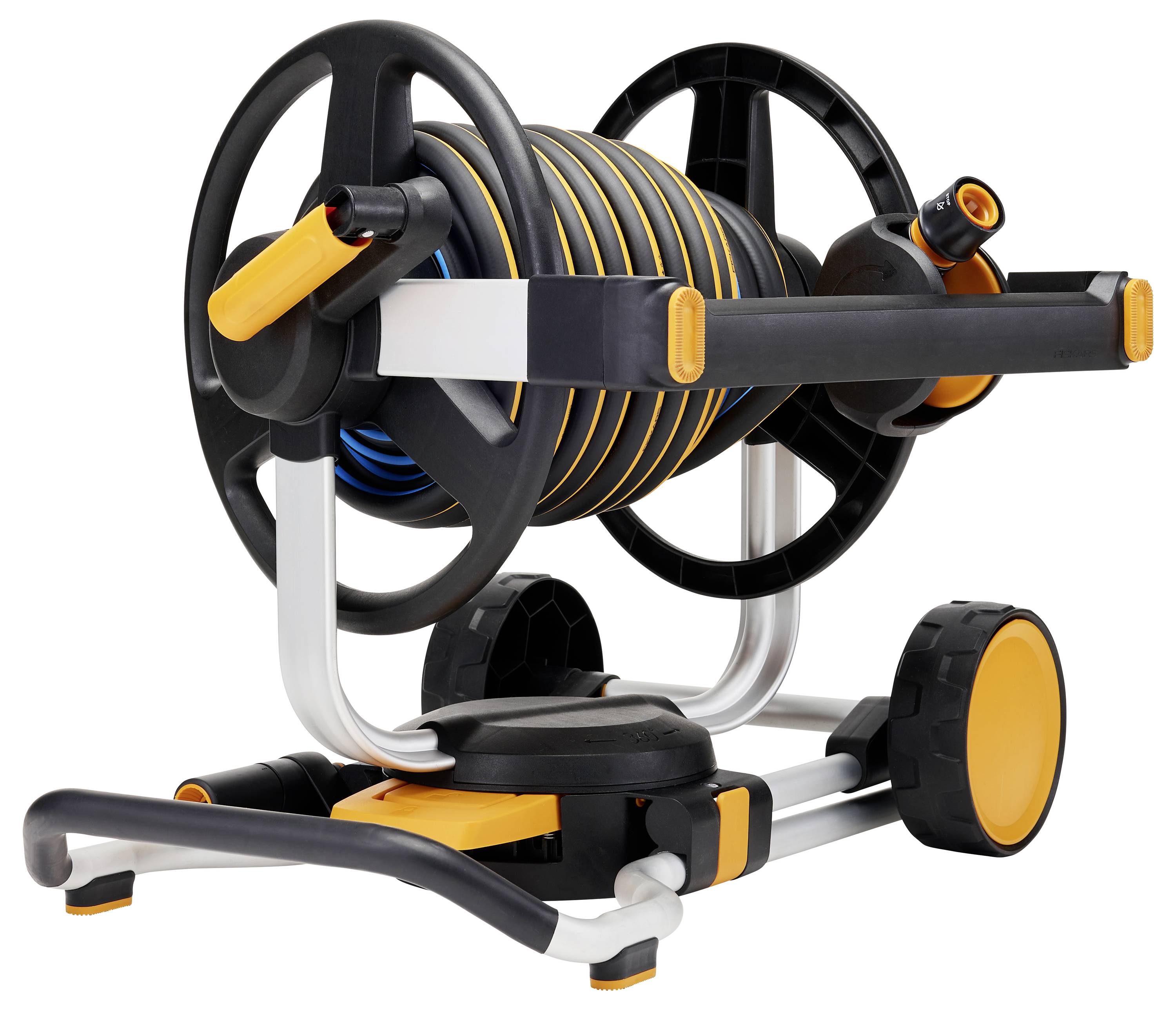 A mobile garden hose trolley with a wound-up hose and large wheels, suitable for straightforward watering in the garden.