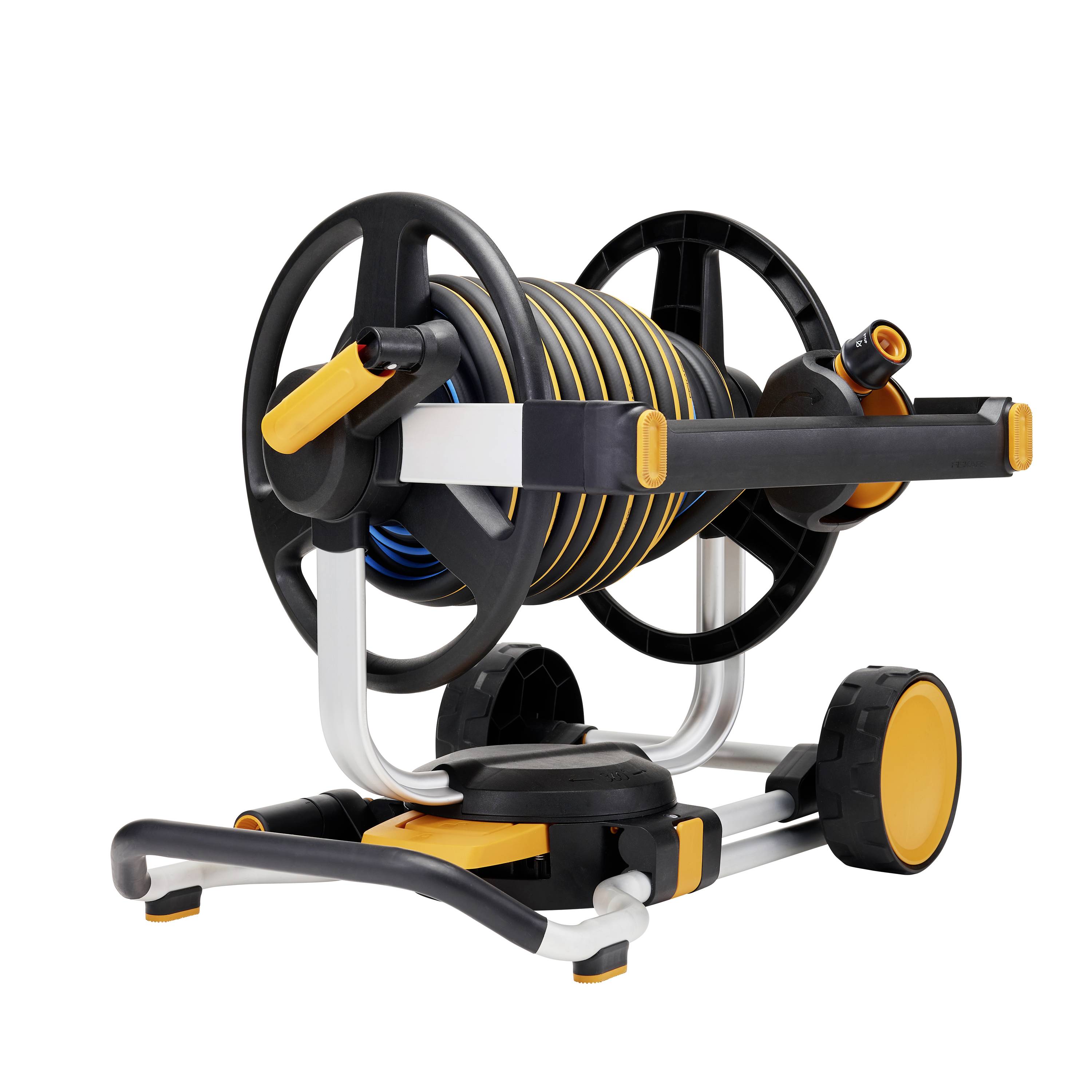 A hose reel with a coiled garden hose and a spray nozzle. The reel has wheels and is suitable for outdoor use.