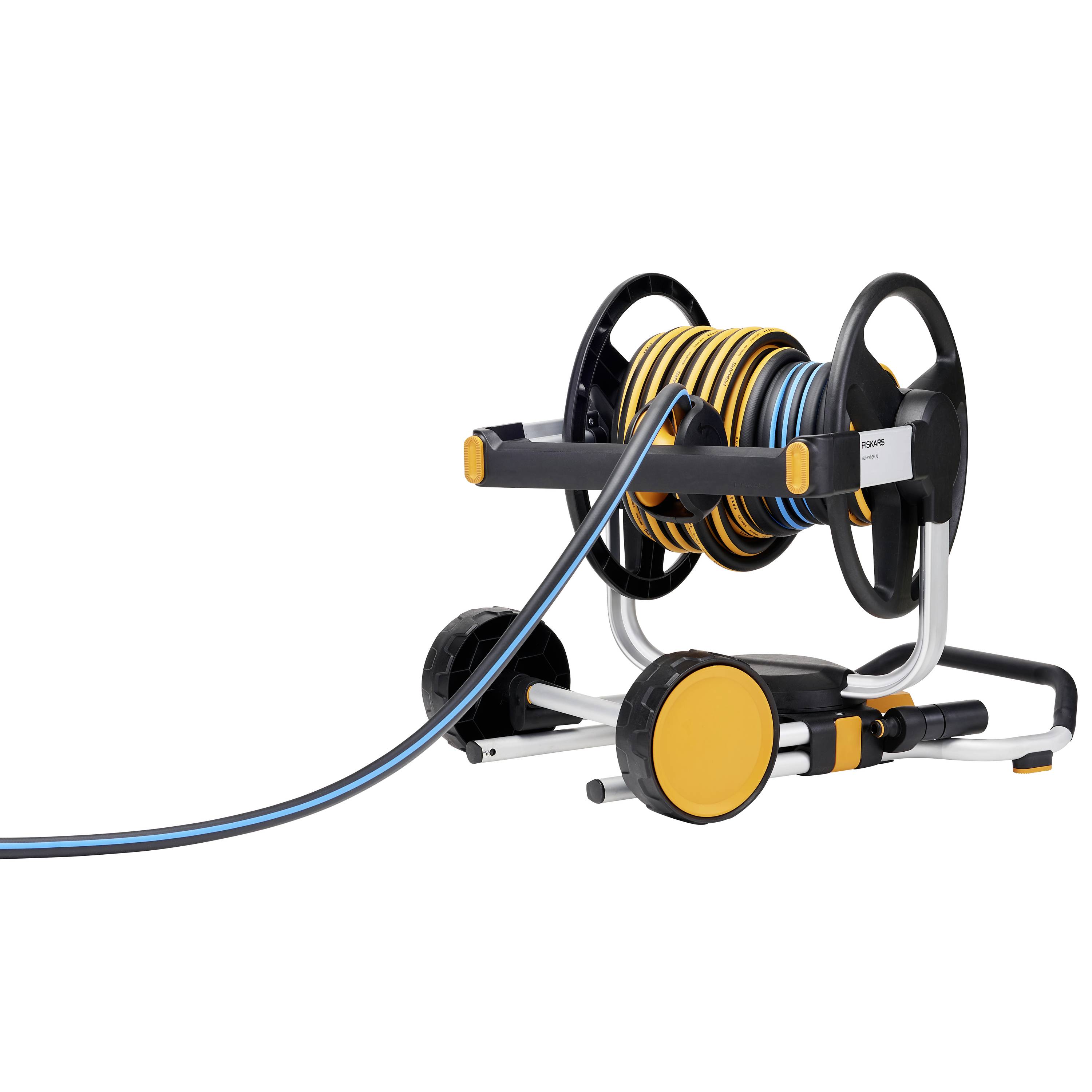 A garden hose on a black and yellow hose reel, ready for watering.