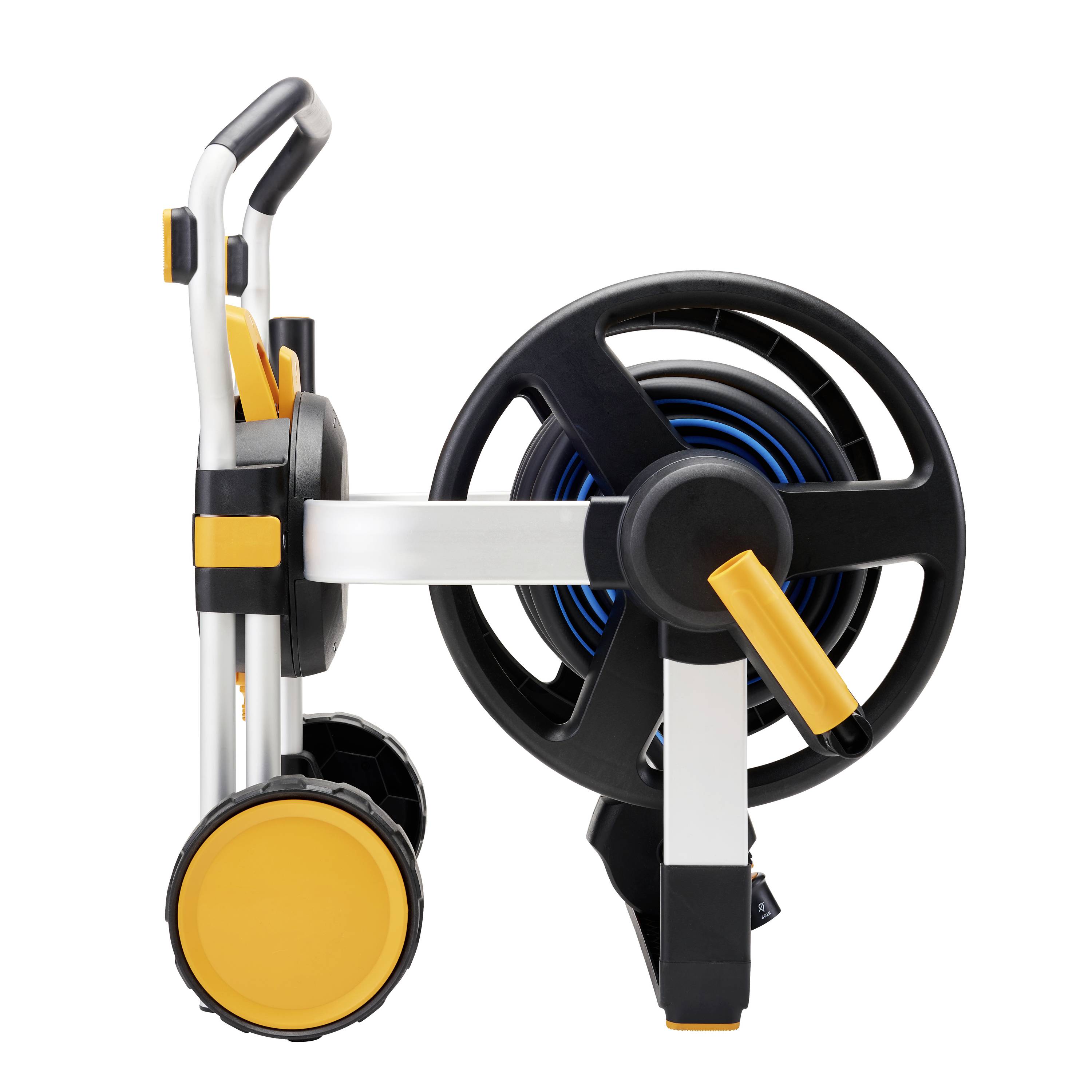 A metal garden hose reel with plastic wheels. The hose is neatly coiled. Suitable for garden use.