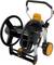 A black, wheeled garden hose trolley with orange accents and a handle for transportation. Ideal for hose storage.