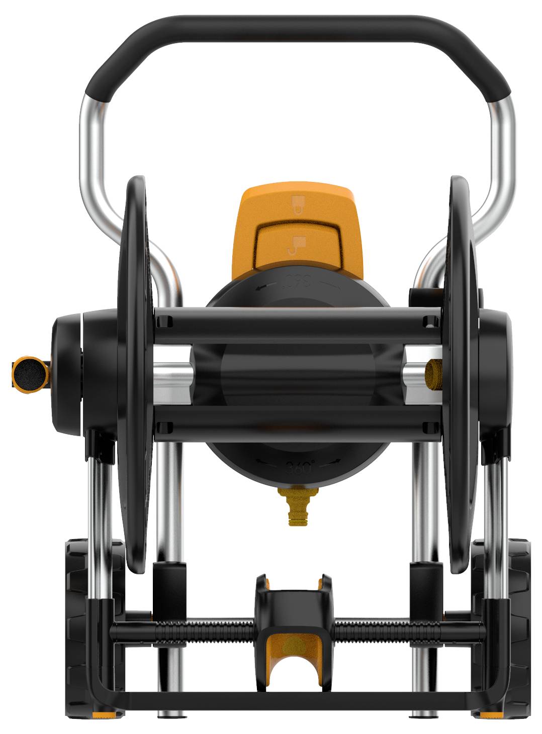 Mobile hose reel trolley with two wheels, ergonomic handle and orange rotary knob, for easy transportation of garden hoses.